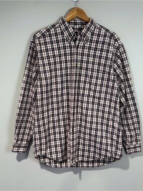 Eddie Bauer Men's Button Down Plaid Flannel Shirt 100% Cotton Ivory Black Red M
